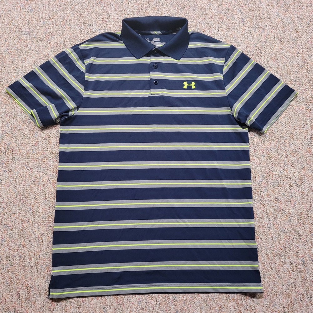 Under Armour Polo Mens Medium Blue Striped HeatGear Golf Athletic Performance